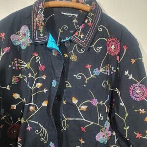QUACKER FACTORY sz X:LBeaded Embroidered Butterfly Floral Black Shirt Jacket